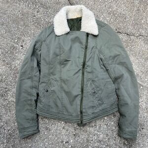 Hollister Mens Sherpa Collar Quilted Canvas Moto Jacket Olive Green Inside M